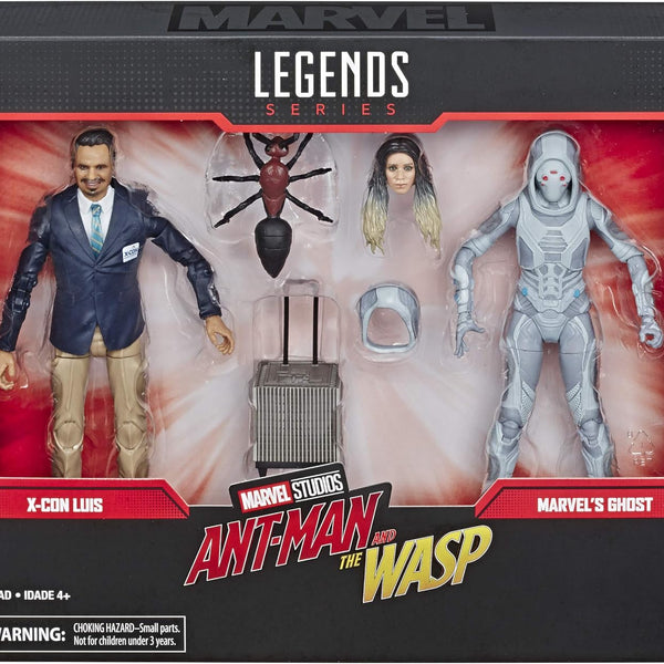 2018 Marvel Ant-Man & The Wasp X-Con Luis & Marvel's Ghost Action Figures Marvel Legends series action figure set packaging featuring X-Com Luis, Ant-Man, and Marvel's Ghost.