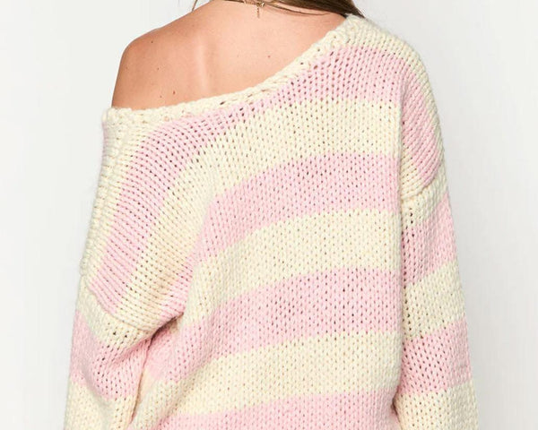 Delaney Pink & Ivory Chunky Knit Sweater - Medium/Large