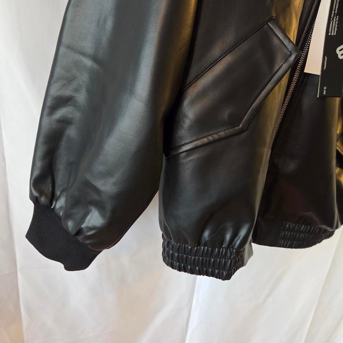 LMG Men's Black Faux Leather Hoodie Jacket - S