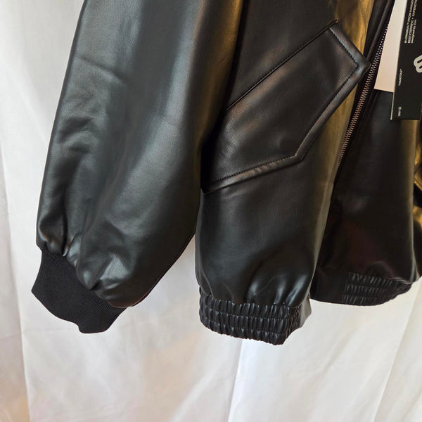 LMG Men's Black Faux Leather Hoodie Jacket - S