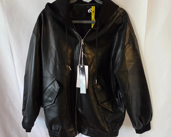 LMG Men's Black Faux Leather Hoodie Jacket - S
