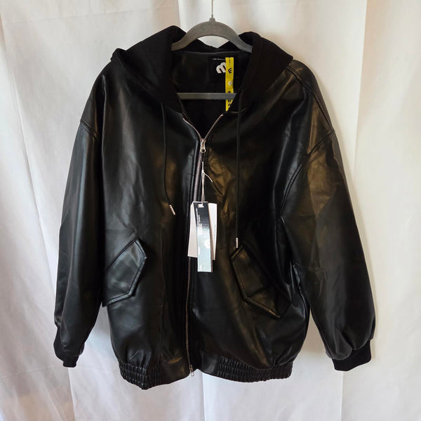 LMG Men's Black Faux Leather Hoodie Jacket - S