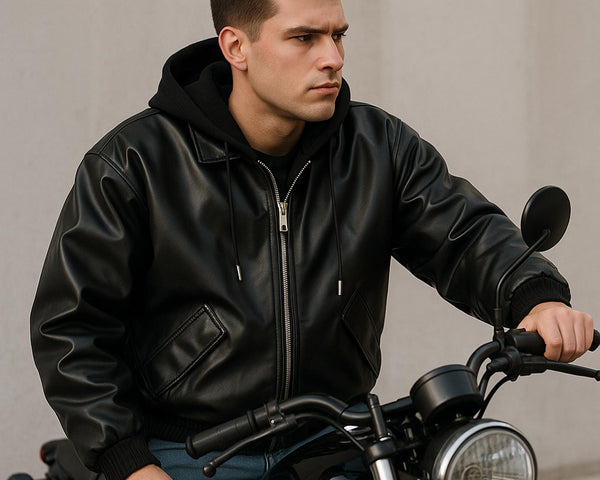LMG Men's Black Faux Leather Hoodie Jacket - S