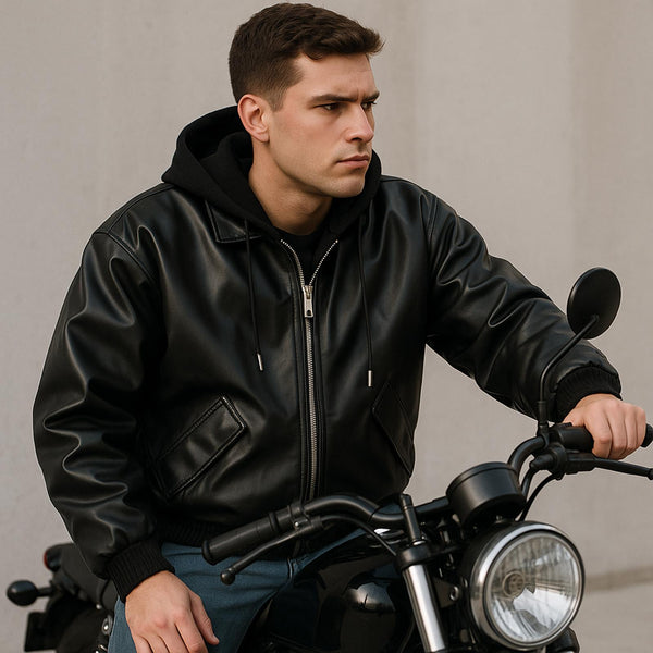LMG Men's Black Faux Leather Hoodie Jacket - S