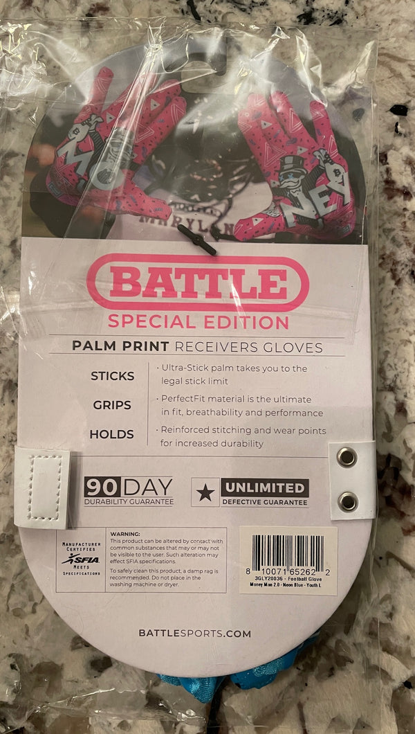 Battle Money Man Palm Print Receiver Football Gloves Size Large Junior