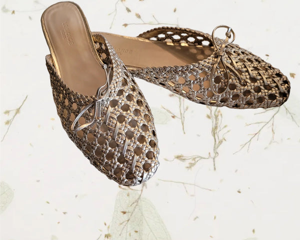 Regency bow-embellished woven metallic leather slides - Size 37.5 NEW IN BOX