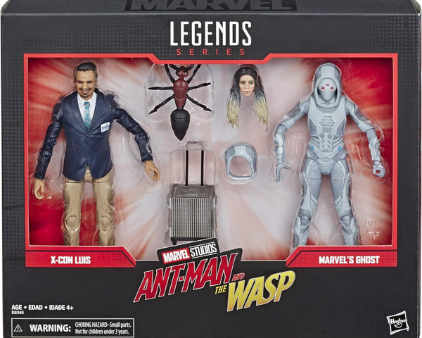 2018 Marvel Ant-Man & The Wasp X-Con Luis & Marvel's Ghost Action Figures Marvel Legends series action figure set packaging featuring X-Com Luis, Ant-Man, and Marvel's Ghost.