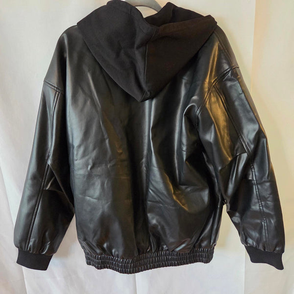 LMG Men's Black Faux Leather Hoodie Jacket - S