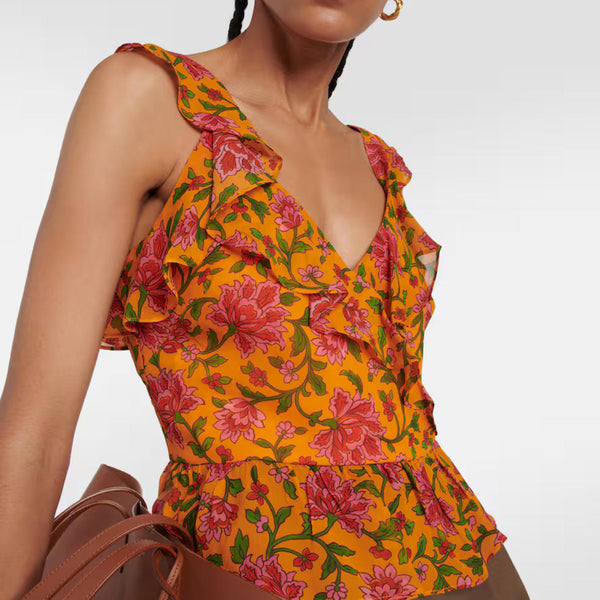 Veronica Beard Randa Ruffle Floral Silk Top - Size 6