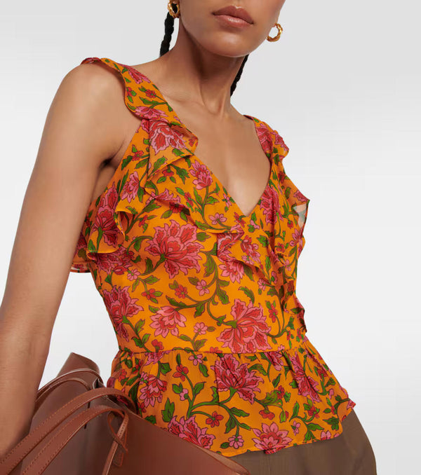 Veronica Beard Randa Ruffle Floral Silk Top - Size 6