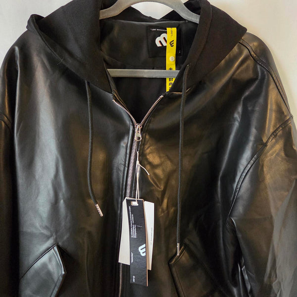 LMG Men's Black Faux Leather Hoodie Jacket - S