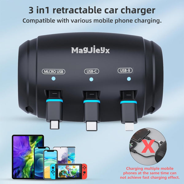 Multi Retractable 3 in 1 Car Charging Adapter for All Phones (New)