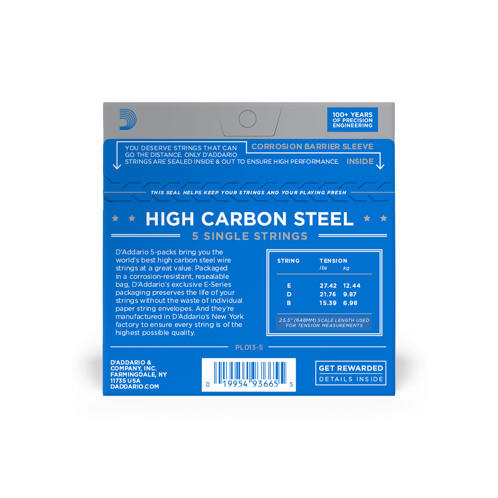 D'Addario 5-Pack Single Plain Steel 013 Guitar Strings