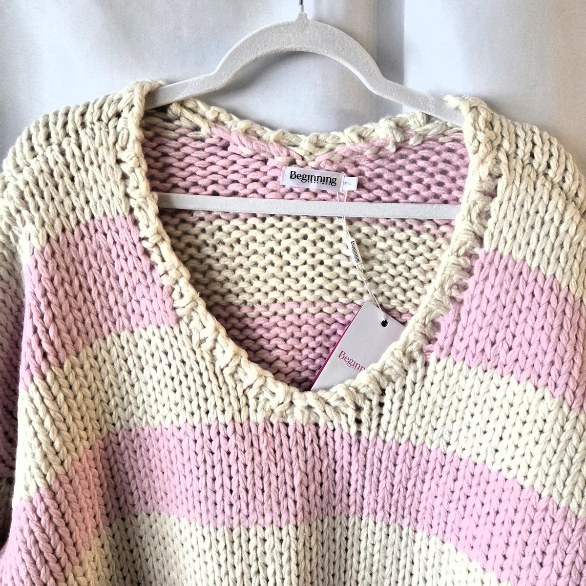 Delaney Pink & Ivory Chunky Knit Sweater - Medium/Large