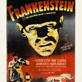 Vintage Universal-Aller-Mac-Graley Frankenstein 12-inch poseable figure box, featuring the iconic black and red movie poster artwork with a large yellowed face illustration and horror-themed imagery.