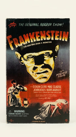 Vintage Universal-Aller-Mac-Graley Frankenstein 12-inch poseable figure box, featuring the iconic black and red movie poster artwork with a large yellowed face illustration and horror-themed imagery.
