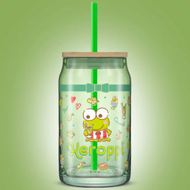 JoyJolt Hello Kitty and Friends Favourite Flavour Keroppi Can Shaped Glass Tumbler with Wood Lid and Straw