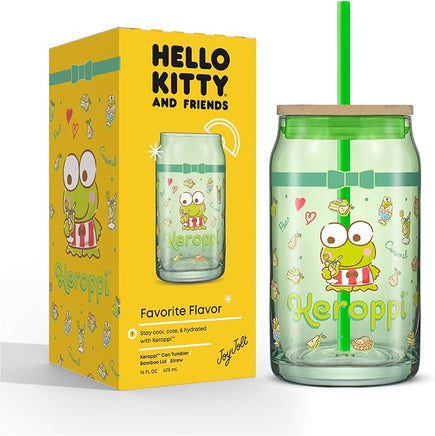 JoyJolt Hello Kitty and Friends Favourite Flavour Keroppi Can Shaped Glass Tumbler with Wood Lid and Straw