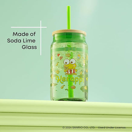 JoyJolt Hello Kitty and Friends Favourite Flavour Keroppi Can Shaped Glass Tumbler with Wood Lid and Straw