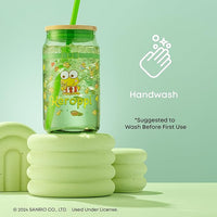 JoyJolt Hello Kitty and Friends Favourite Flavour Keroppi Can Shaped Glass Tumbler with Wood Lid and Straw