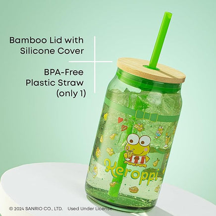 JoyJolt Hello Kitty and Friends Favourite Flavour Keroppi Can Shaped Glass Tumbler with Wood Lid and Straw