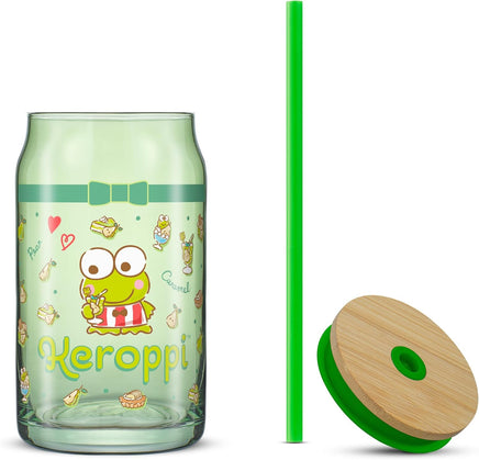 JoyJolt Hello Kitty and Friends Favourite Flavour Keroppi Can Shaped Glass Tumbler with Wood Lid and Straw