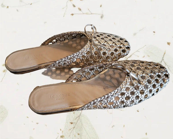 Regency bow-embellished woven metallic leather slides - Size 37.5 NEW IN BOX