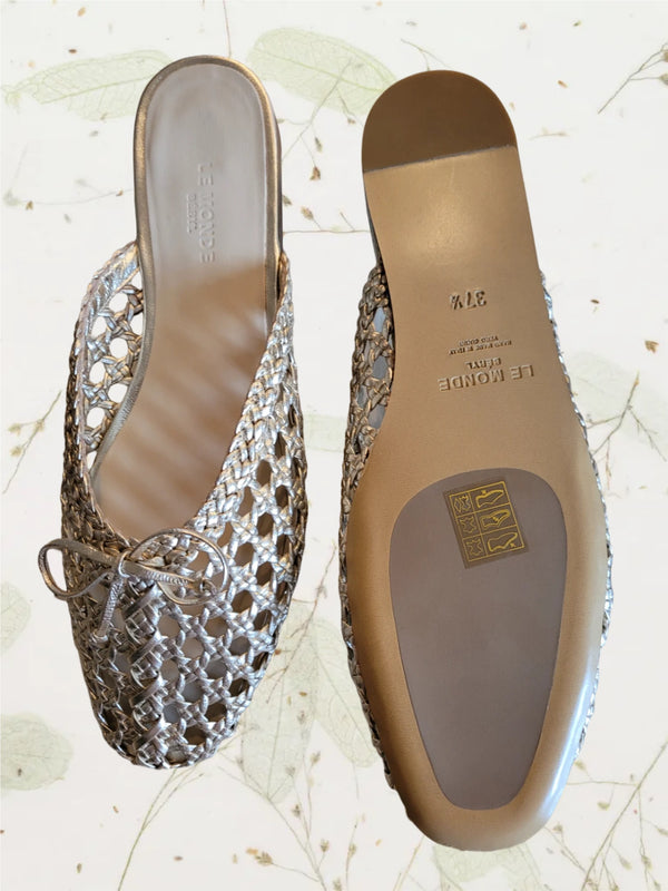 Regency bow-embellished woven metallic leather slides - Size 37.5 NEW IN BOX