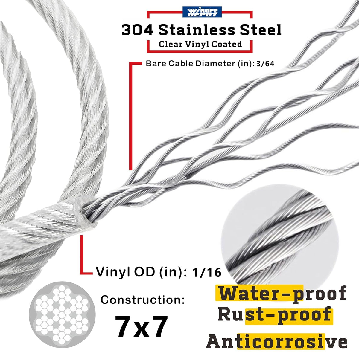 Wirope Depot 300ft 228lb Stainless Steel Vinyl Coated Wire (New)