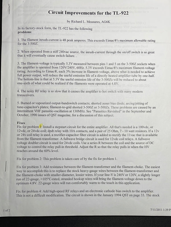 Kenwood TL-922 Amateur Radio Amplifier Service Manual Package